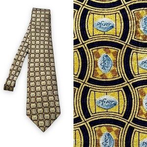 Pfizer 100% Silk Tie Little Blue Pill Pharma Rep Gag Gift Gold Yellow